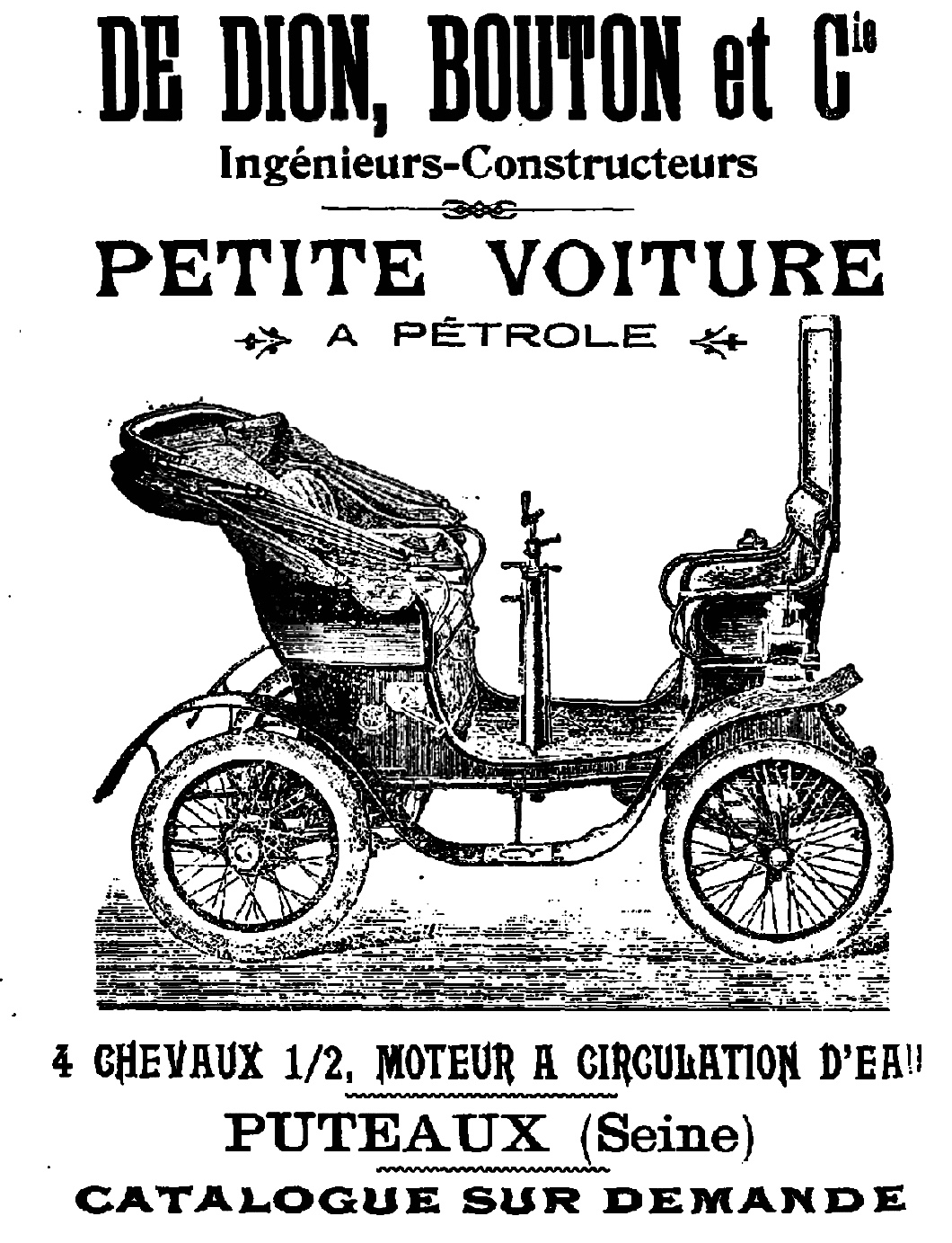 Voiturette De-Dion-Bouton Vis-&agrave;-Vis 1899 premi&egrave;re automobile de grande s&eacute;rie, produite &agrave; 2.970 exemplaires jusqu'en 1902